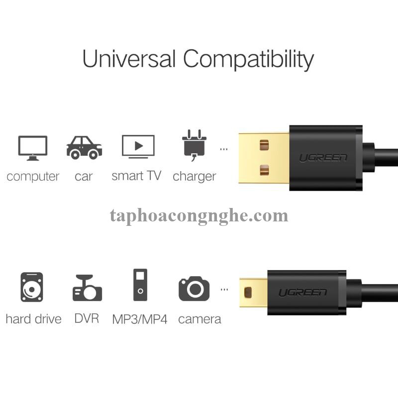 Ugreen 10354 0.5M màu Đen Cáp sạc truyền dữ liệu USB 2.0 sang MINI USB đầu mạ vàng US132 30010354